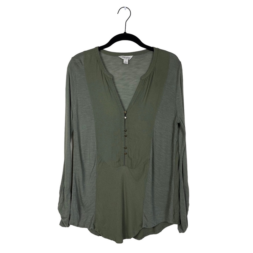 Lucky Brand Olive Green Woven Mix Henley Curved Hem Slub Top Size S